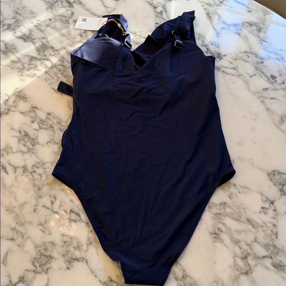 NWT Quince Italian Maternity One-Piece Ruffle Wrap Swimsuit Navy Blue Sz Large - Picture 8 of 11